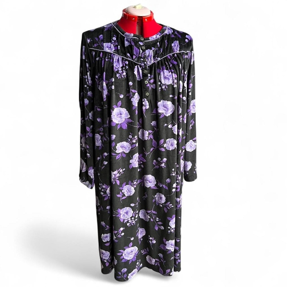 Aria Collection Cozy Black & Purple Floral Long Sleeve Fleece Nightgown XL